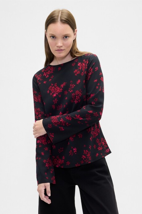 Remera Cuello Bote Mujer Black Red Floral