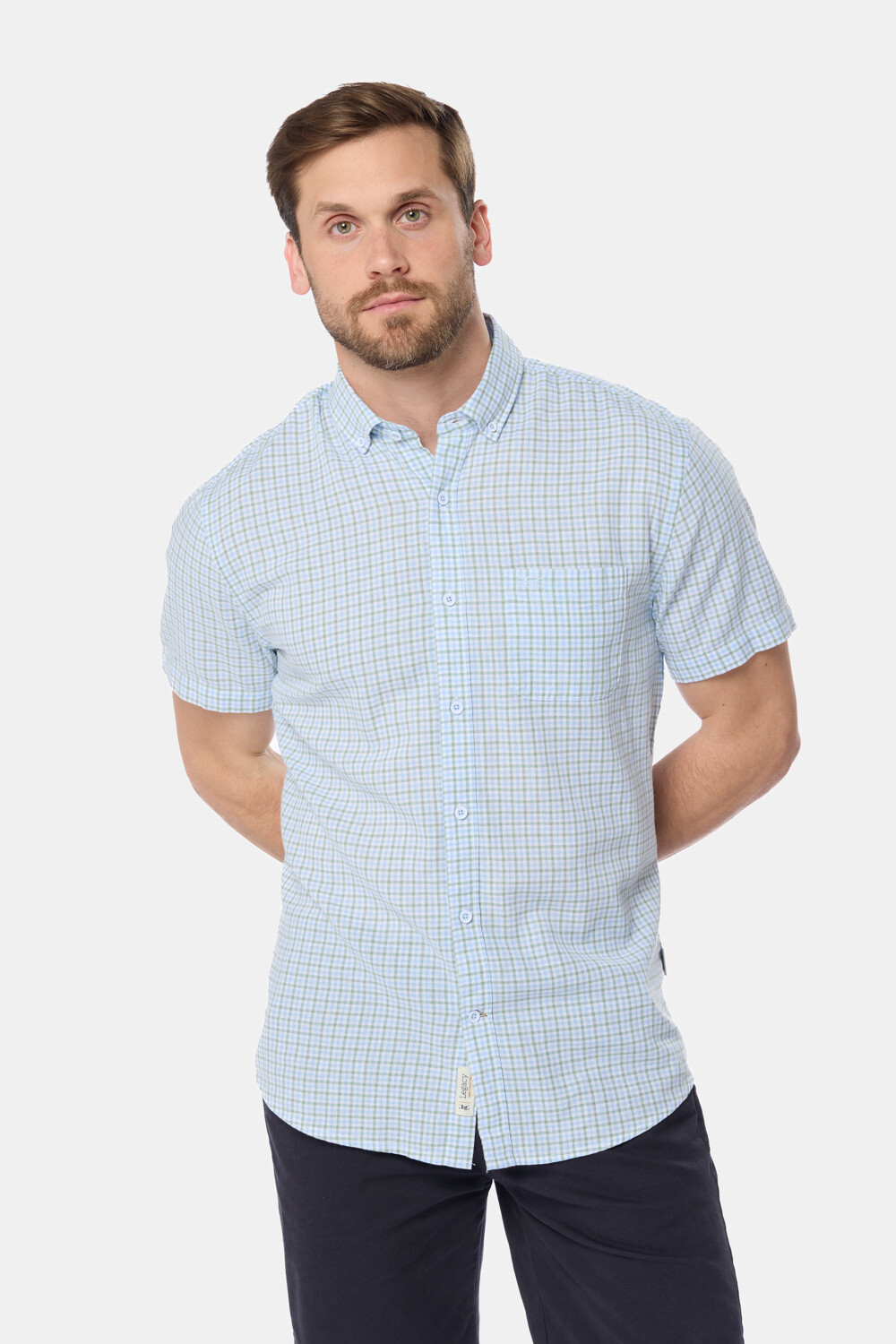 CAMISA CUADROS DE LINO Celeste
