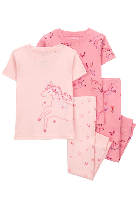 Pijama cuatro piezas de algodón, dos pantalones y dos remeras, rosados, diseño unicornios Sin color
