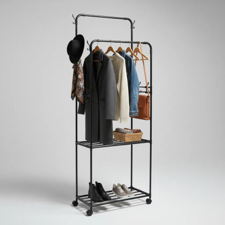 Perchero Armario Doble Barral 2 Niveles Ganchos Laterales Negro