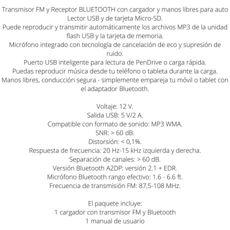 Cargador y receptor bluetooth para auto V01