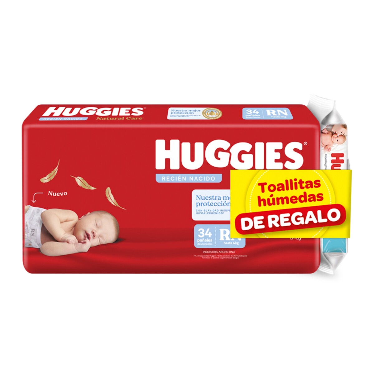 Pañales Huggies Natural Care RN 34 Unidades + Toallitas Húmedas 48 Unidades 