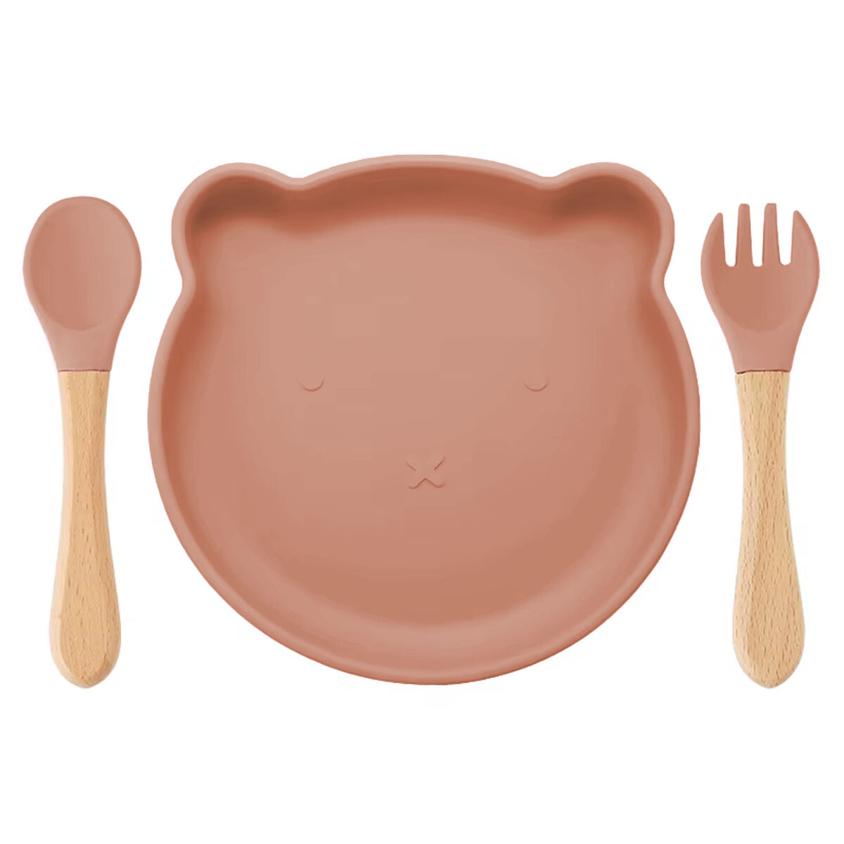 Set Comida Bebé Plato Cuchara Tenedor en Silicona Diseño Oso - Salmón 