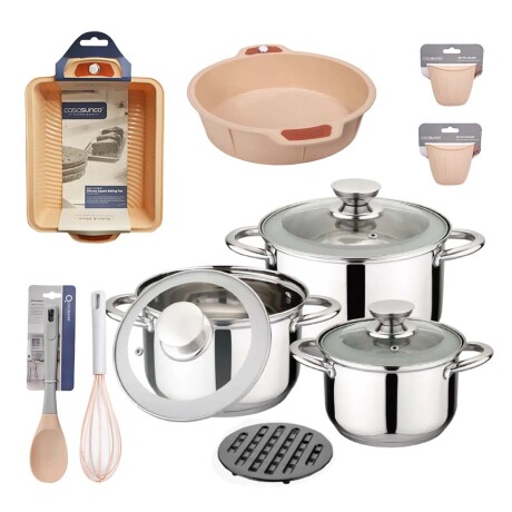 Set Cocina 13P Juego Batería Acero Inox + Accesorio Silicona Salmón