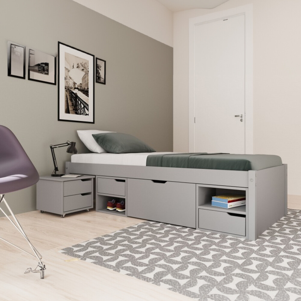 Cama Madera Maciza Con Cajones - 1 plaza - Linea charme Gris