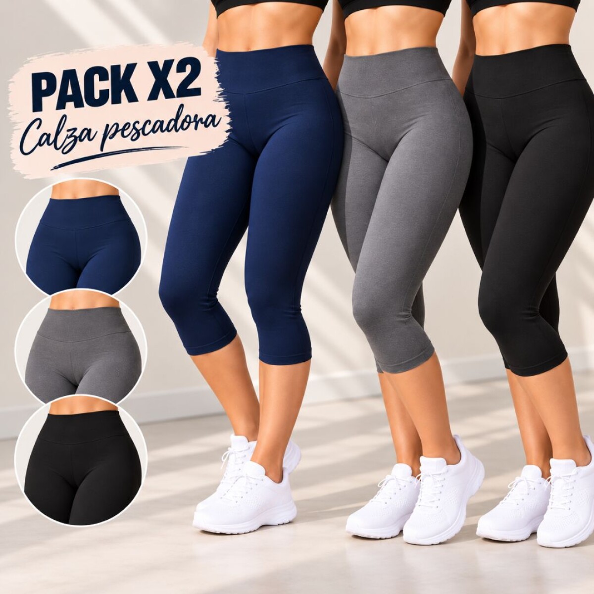 Pack x2 Calzas Pescadora 3/4 capri Tiro Alto de Lycra - MULTICOLOR 