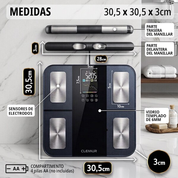 Balanza Digital Bluetooth Baño Bioimpedancia Masa Corporal 8 electrodos Pantalla Color CLEMUR Balanza Digital Bluetooth Baño Bioimpedancia Masa Corporal 8 electrodos Pantalla Color CLEMUR