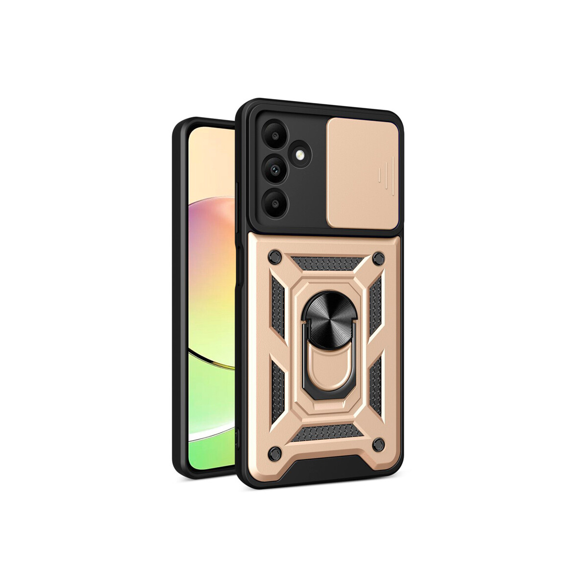 Protector Samsung Galaxy A15 con cubre cámara y anillo color dorado 