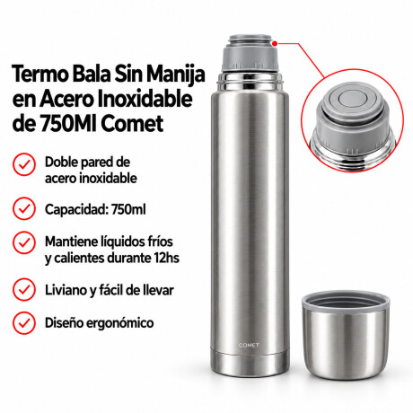 Termo Bala Acero Inoxidable 750Ml Mantiene Frío Calor Comet Plateado