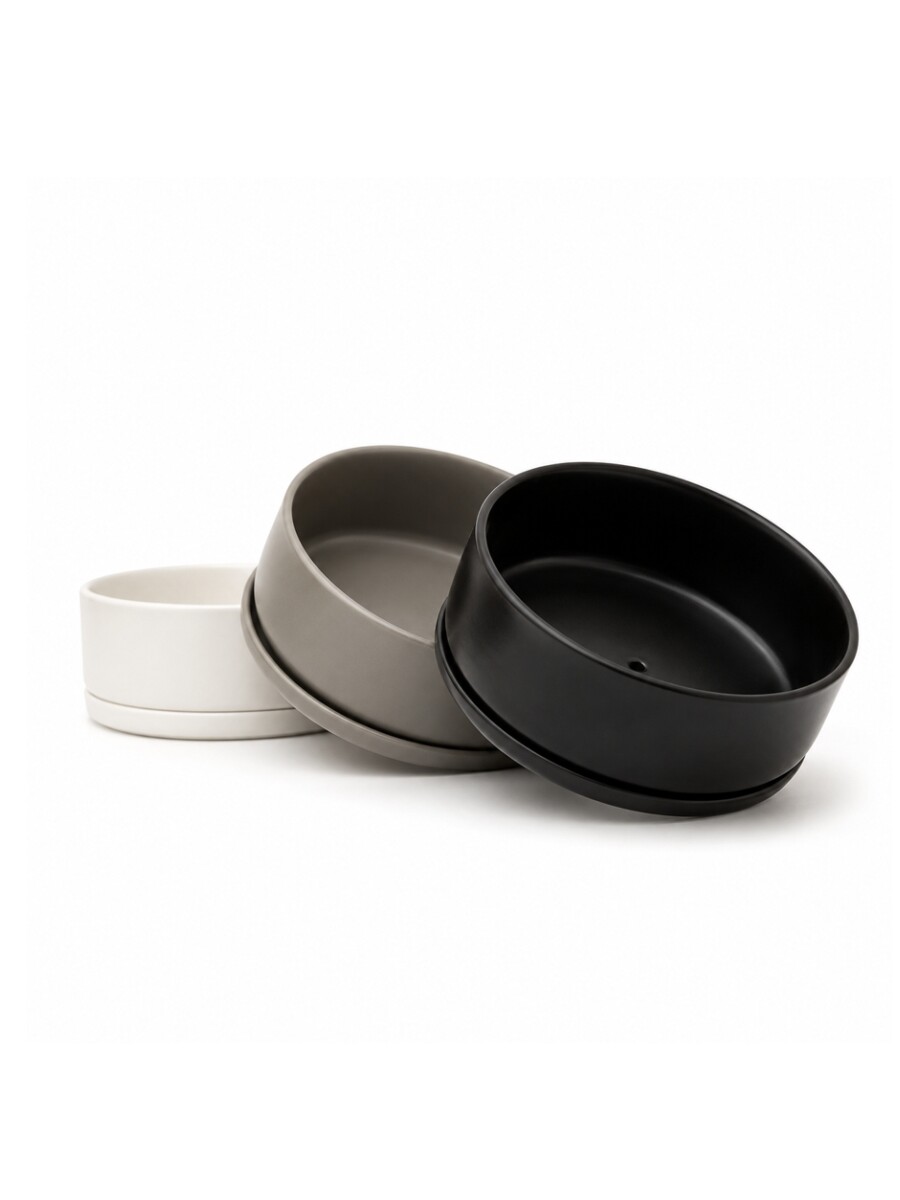 MACETA CERÁMICA BAJA (PAILA) CON PLATO GRIS