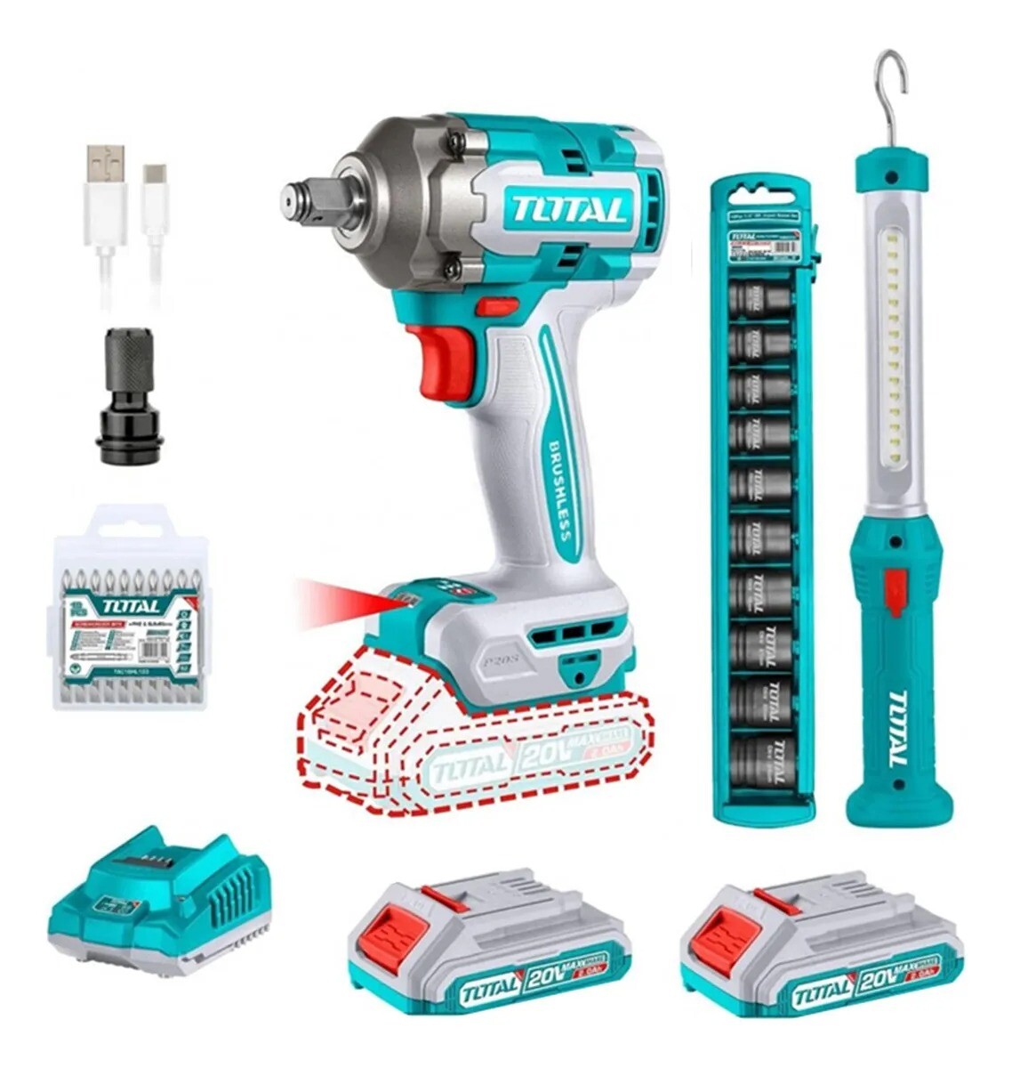 Kit Llave de Impacto Brushless Total 20V 400Nm con 2 Baterías y Accesorios 