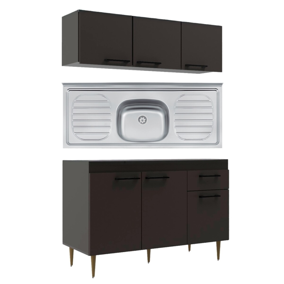 Bajo Mesada 3 Puertas 1 Cajón + Pileta Central Tramontina Acero Inoxidable + Aéreo 3 Puertas - Volcano 