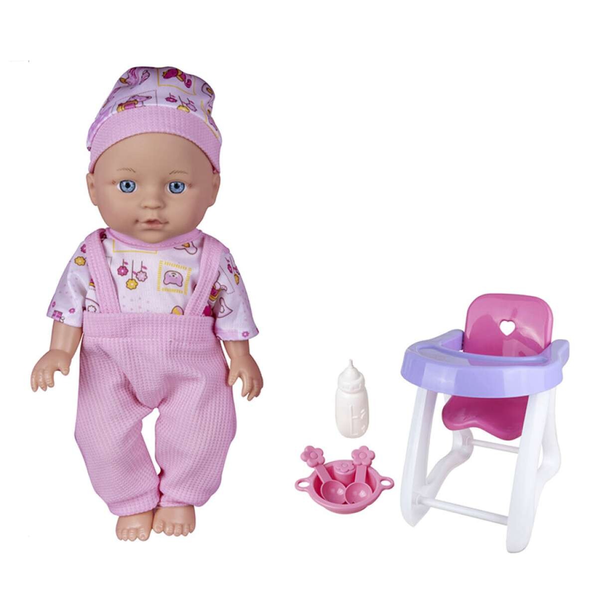 Muñeca Bebé con Silla para Comer - Utensilios 