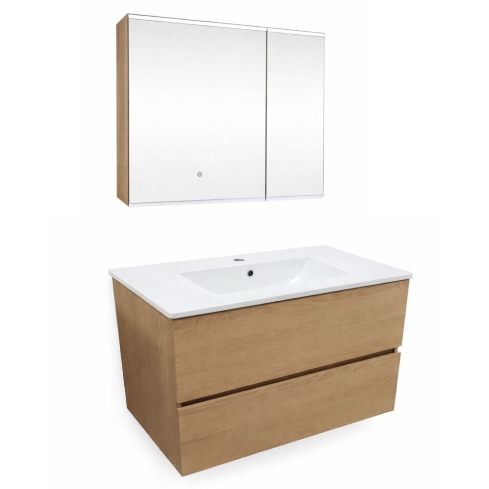 Mueble de baño suspendido Oak Dmc y espejo botiquín 75 cm Vip Oak DMC Mueble De Baño Suspendido Oak Dmc Y Espejo Botiquín 75 Cm Vip Oak Dmc