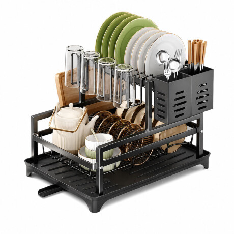 Escurridor de Platos 2 Niveles con Drenaje Automático 4 en 1 Negro
