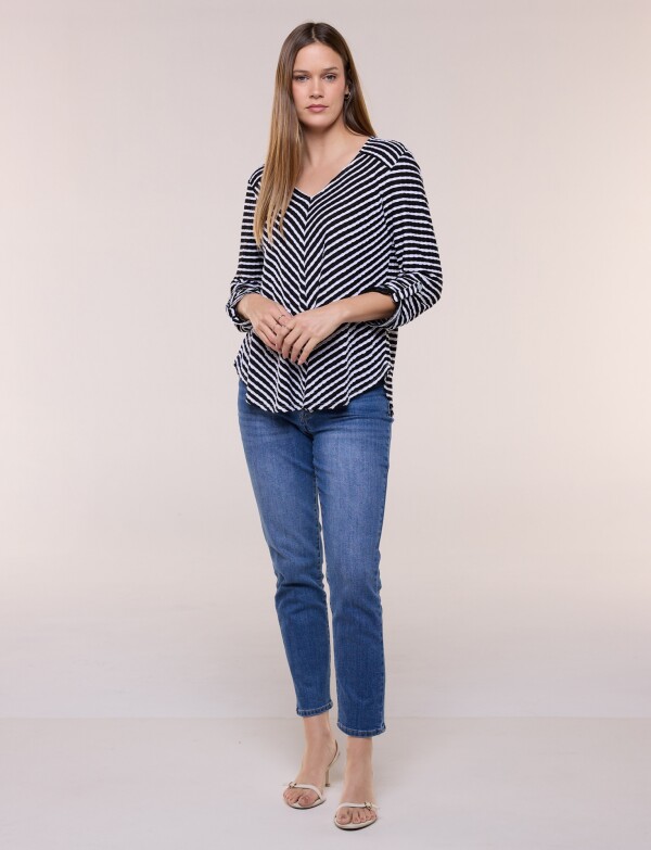 Remera Texturada A Rayas Con Escote V NEGRO/BLANCO