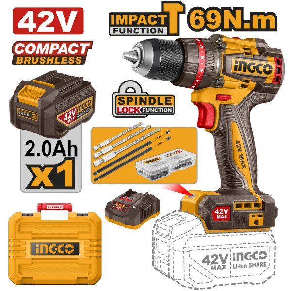 TALADRO ATORN. C/PERCUTOR A BATERIA 42V 69NM BRUSHLESS C/ BATERIA + CARGADOR + V TALADRO ATORN. C/PERCUTOR A BATERIA 42V 69NM BRUSHLESS C/ BATERIA + CARGADOR + V