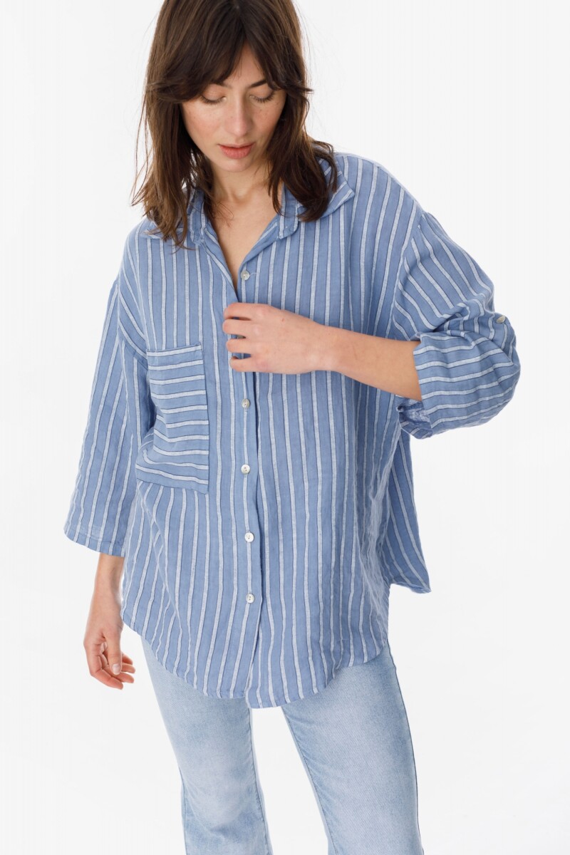 Camisa Ulises Azul Piedra - Raya Blanco