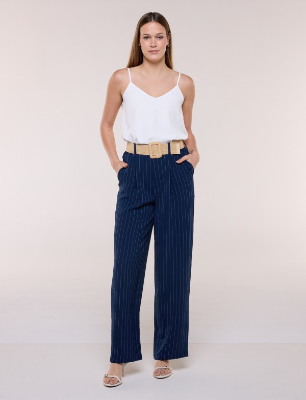Pantalon Wide Leg Rayado Con Cinturón De Rafia AZUL