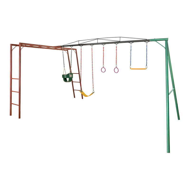 Pasamanos combinado con Juegos infantil diseñado para exterior con 1 hamacas de cincha, hamaca de bebé y trapecio y para de aros Pasamanos combinado con Juegos infantil diseñado para exterior con 1 hamacas de cincha, hamaca de bebé y trapecio y para de aros