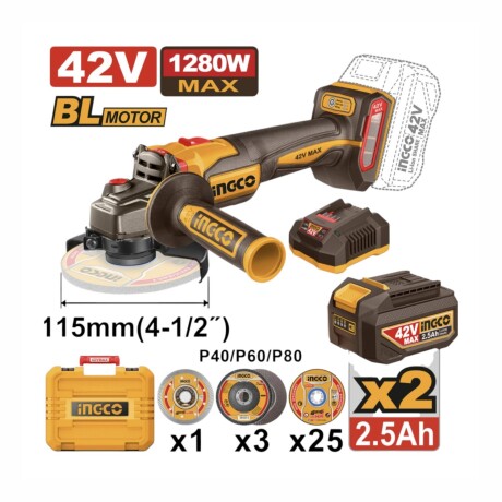 Kit Ingco Amoladora Angular Bateria 42V - Uso industrial Kit Ingco Amoladora Angular Bateria 42V - Uso industrial