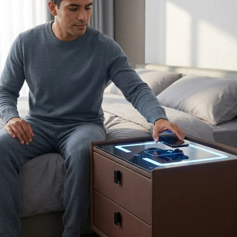 Mesa De Luz Inteligente C/Cargador Inalám Y Luz Led Marron
