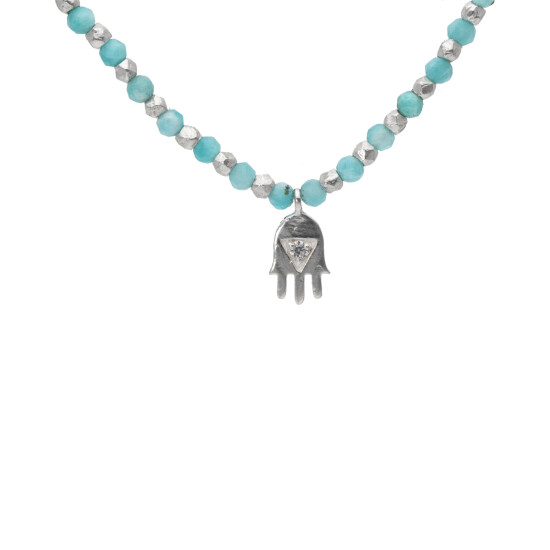 Collar Cadena Karvik Dije Amazonita Con Mano De Hamsa Plata 925 0