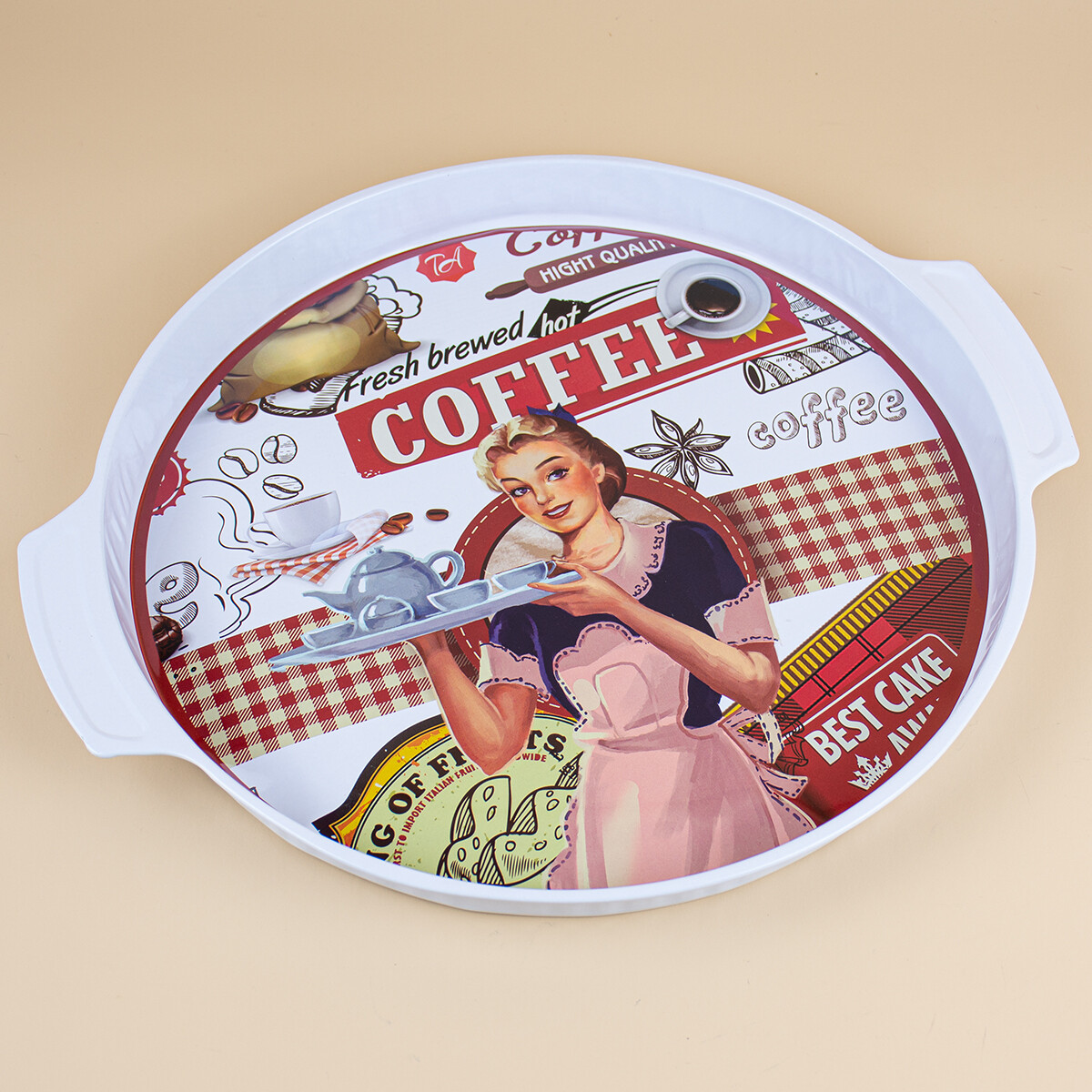 Bandeja Circular Vintage - Fresh Brewed Hot Coffee 