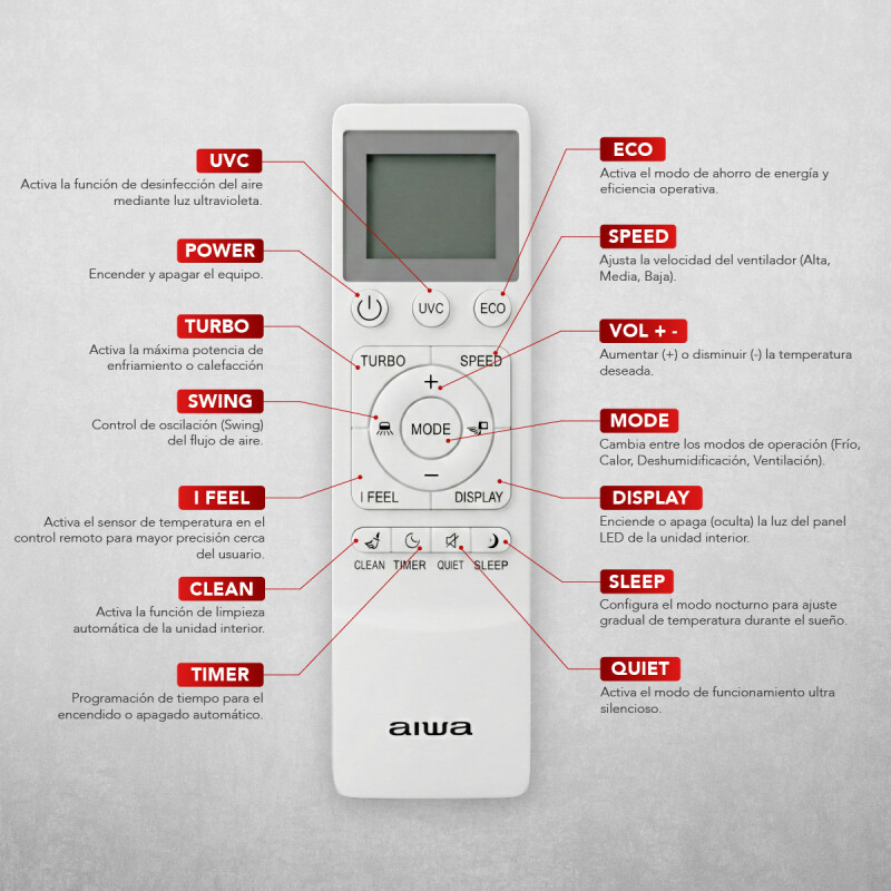 Aire Acondicionado AIWA 12000 BTU WiFi Inverter Split Frío/Calor Eficiencia A | AW12INV50WF Aire Acondicionado AIWA 12000 BTU WiFi Inverter Split Frío/Calor Eficiencia A | AW12INV50WF