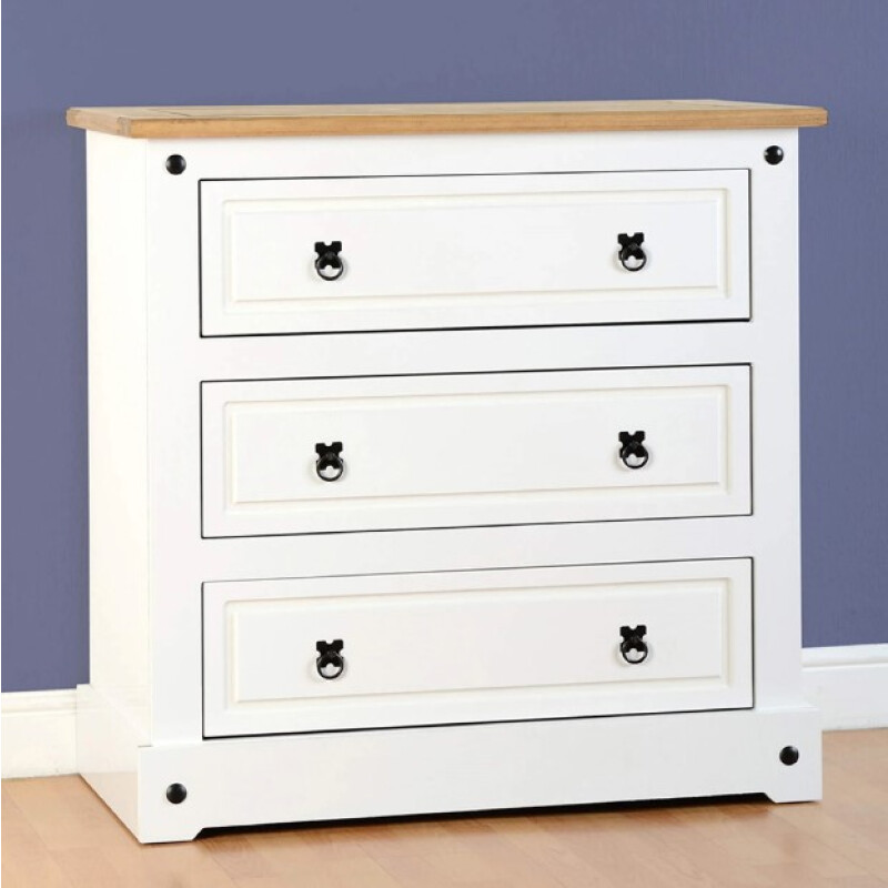 Cómoda Estilo Mexicano 3 Cajones Madera Maciza Blanco y Cera Natural Cómoda Estilo Mexicano 3 Cajones Madera Maciza Blanco y Cera Natural