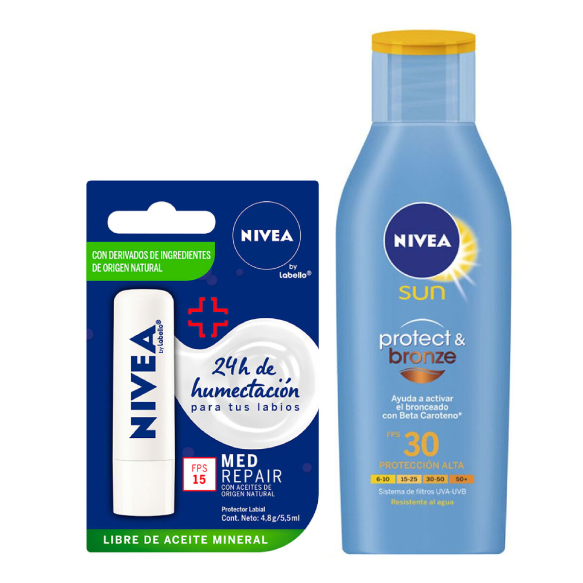 Pack Nivea Protector Solar Protect & Bronze FPS30 + Protector Labial Med Repair 5.5ml 