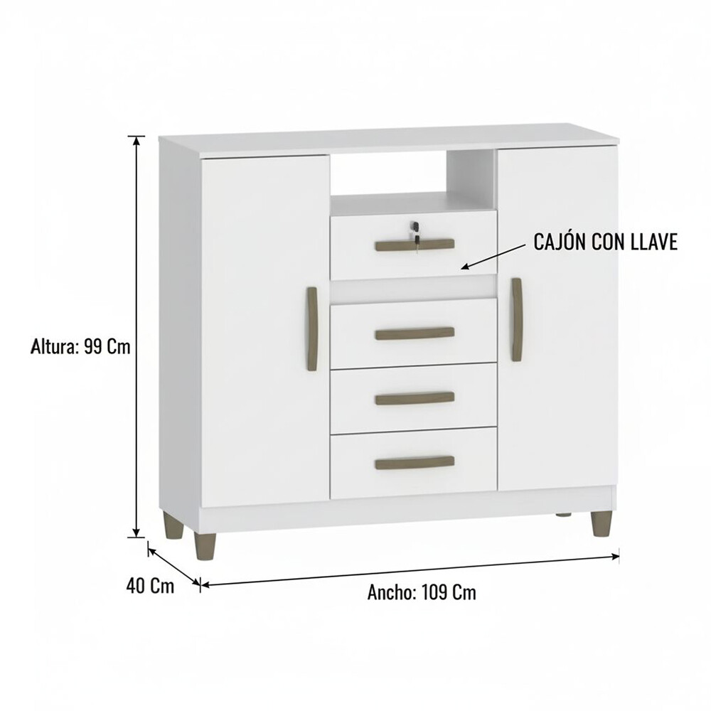 CÓMODA CAJONERA GUARDARROPA 4 CAJONES 2 PUERTAS CON LLAVE BLANCO