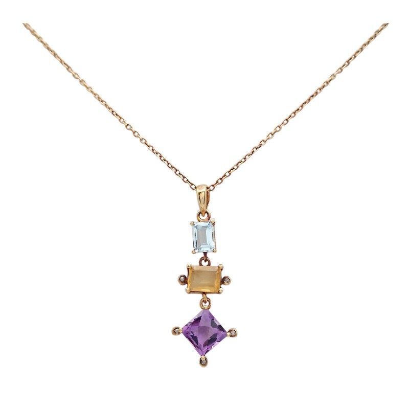 Conjunto Vishnu-Plata rodinada micra oro 18k-Piedras Topacio, Citrino, Amatista, Brillantes-CJ2002 conpiedra