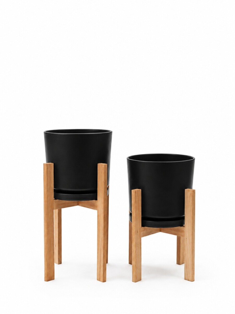 MACETA CERAMICA GRANDE CON SOPORTE ALTO NEGRA