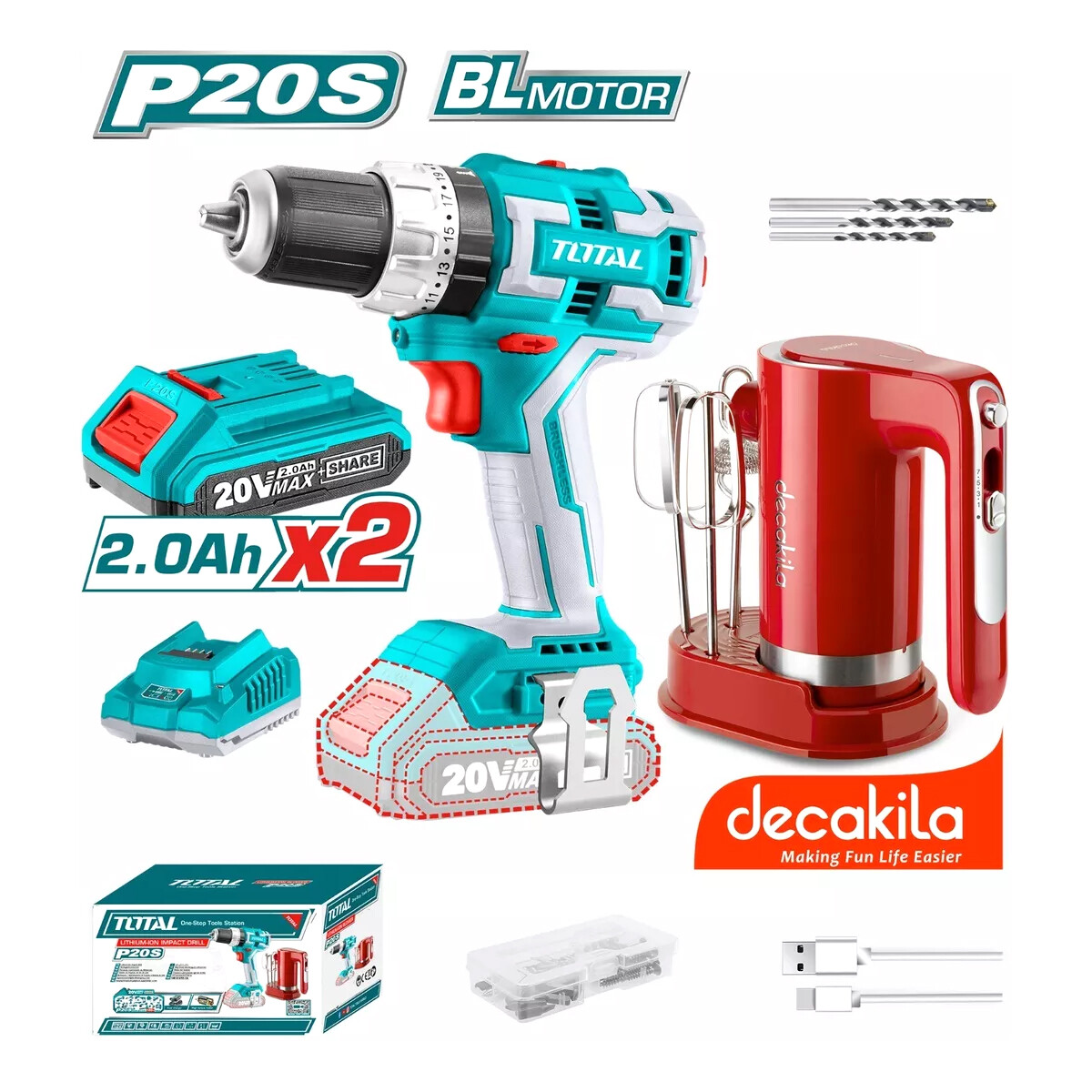 Combo Taladro de Impacto + Batidora 20V Total 