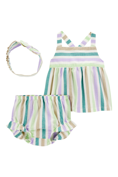 Set tres piezas de algodón, short, blusa y vincha, diseño a rayas Sin color
