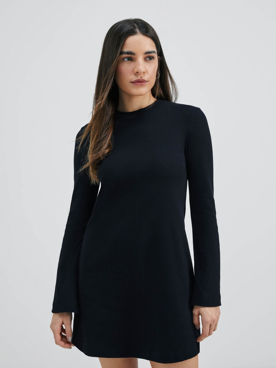 VESTIDO CORTO EN TELA ACANALADA - NEGRO 