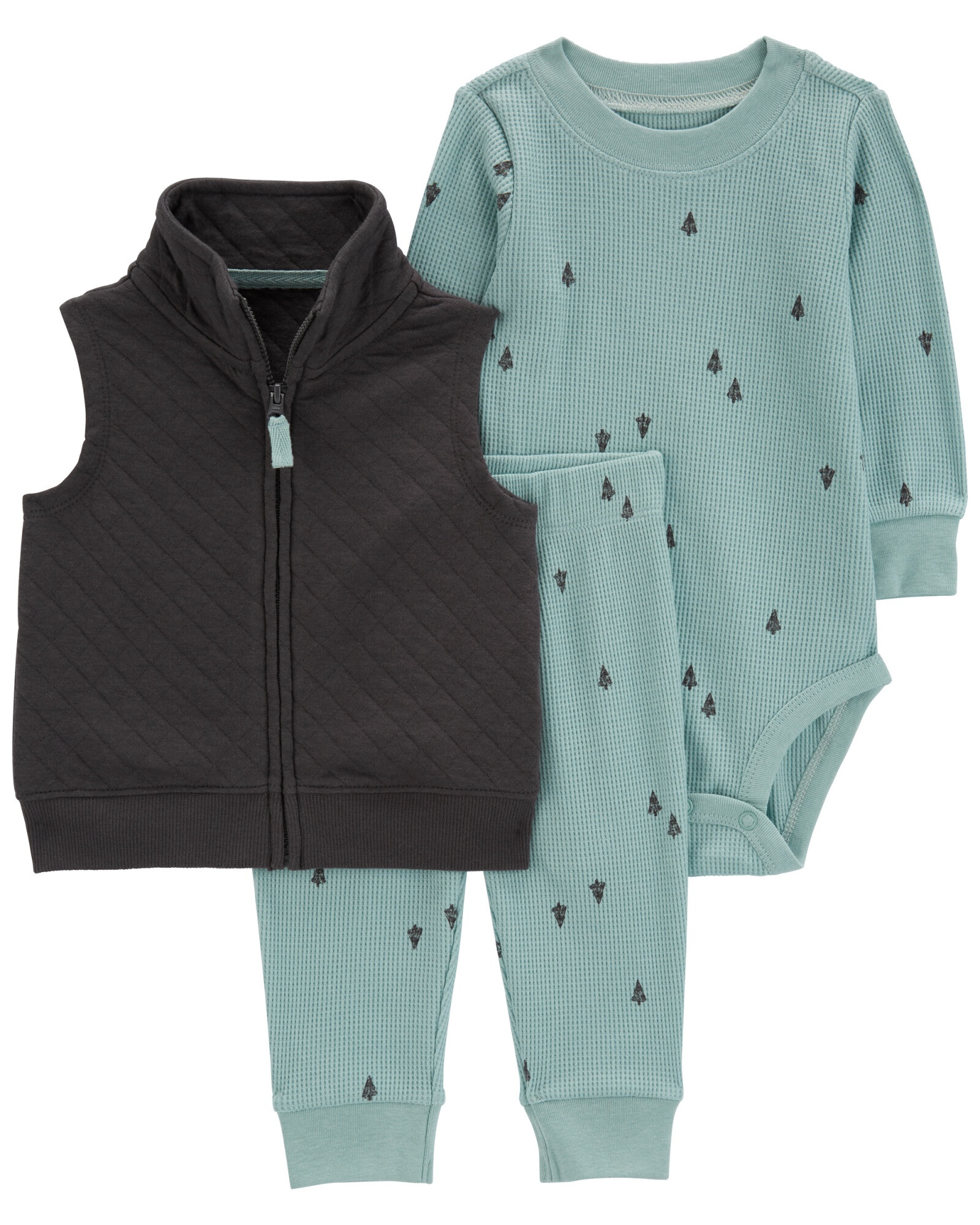Set tres piezas de algodón, chaleco capitoneado, pantalón y body térmicos Set tres piezas de algodón, chaleco capitoneado, pantalón y body térmicos