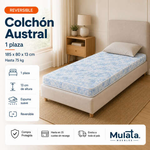 Colchón AUSTRAL - 1 Plaza - Reversible - Espuma Suave - 185x80x13 cm - Hasta 75Kg Colchón AUSTRAL - 1 Plaza - Reversible - Espuma Suave - 185x80x13 cm - Hasta 75Kg