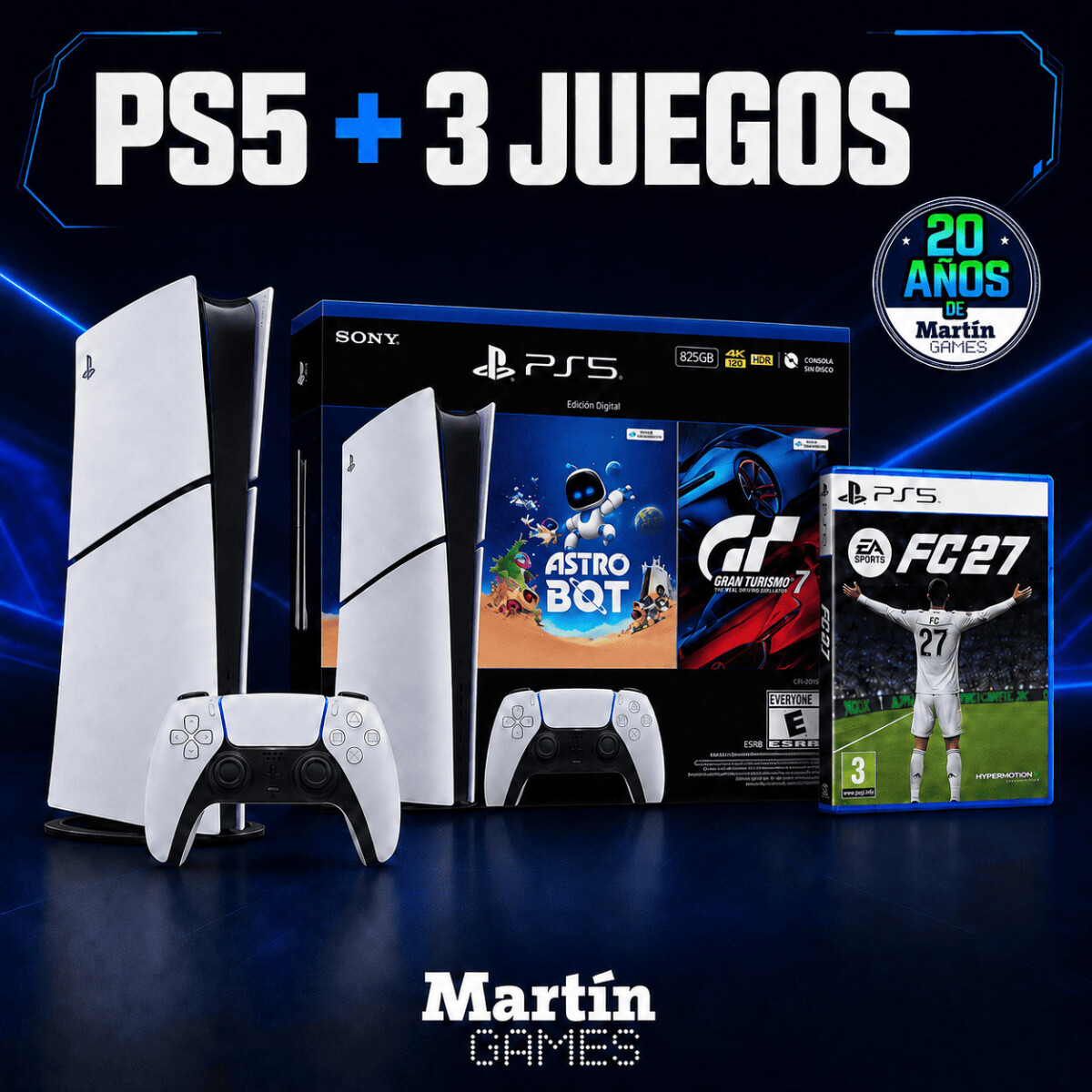 CONSOLA Playstation 5 PS5 SLIM DIGITAL + FC 27(O JUEGO A ELECCION)+ ASTROBOT + GRAN TURISMO 7 