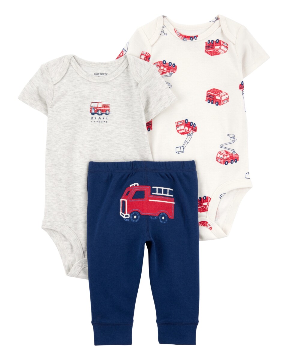 Set tres piezas de algodón, pantalón y dos bodies, diseño bomberos 