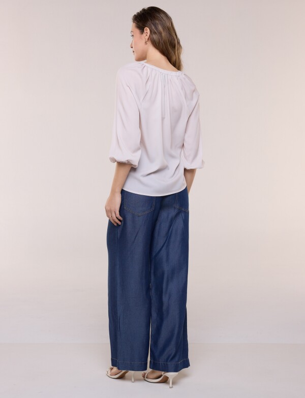 Blusa Gasa Escote V Manga 3/4 Abullonada BEIGE