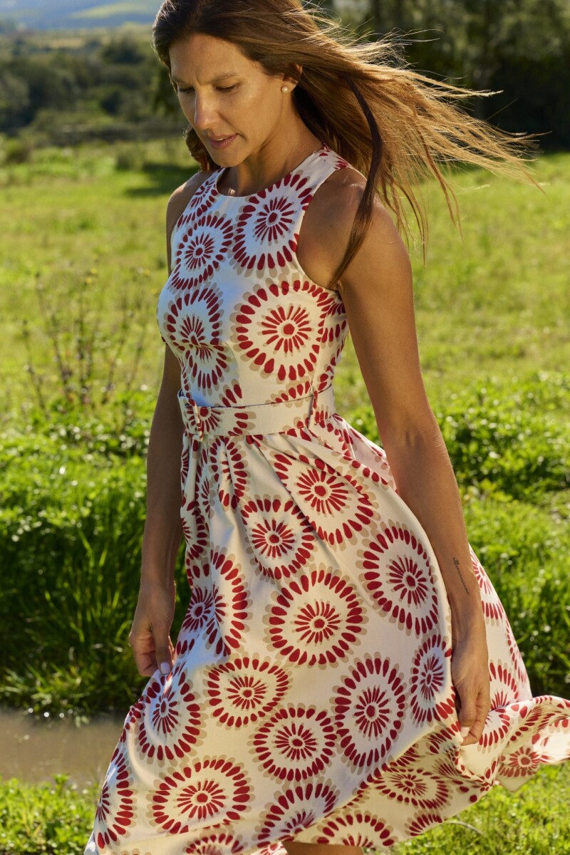 VESTIDO LULANI ESTAMPADO ROJO Y BEIGE VESTIDO LULANI ESTAMPADO ROJO Y BEIGE