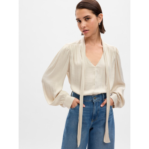 LS VNK TIE NECK TOP STONE