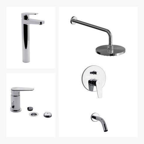 JUEGO COMPLETO CROMADDO LINEA ZOE DUCHA EMBUTIDA CON TRANSF, BRAZO Y ROSETA REDONDA, LAVATORIO ALTO Y BIDET CON TRANSF. 000