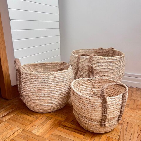 HN03 Set X3 Canastos De Ratan Con Asas 22x17 / 25x20 / 30x25 - Natural