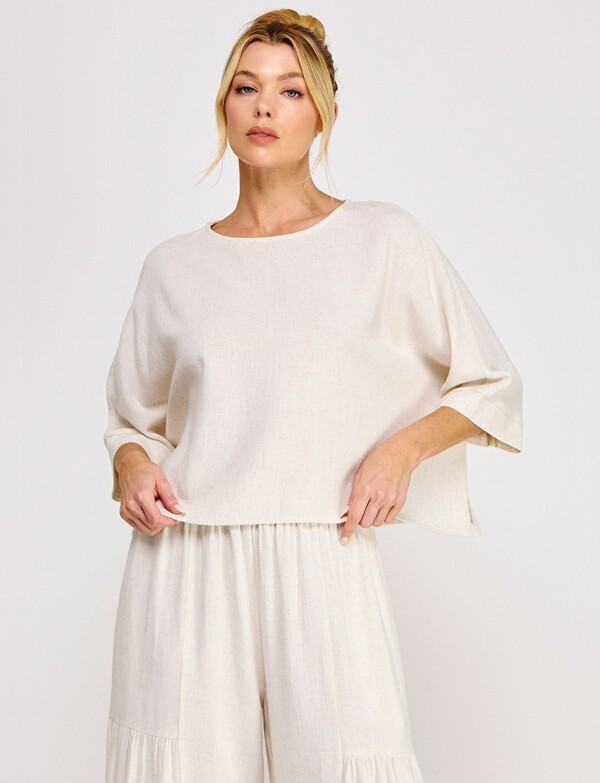 Blusa Crop De Lino Manga Kimono BEIGE CLARO