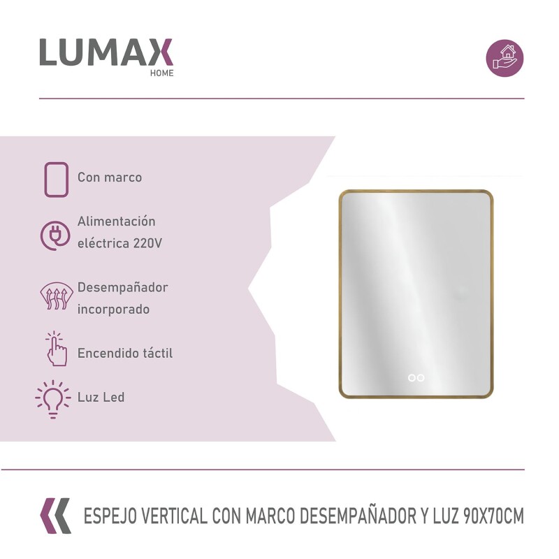 Espejo Vertical Lumax c/marco desempañador y Luz 90x70cm Dorado