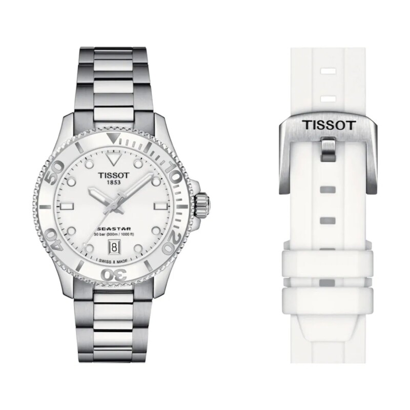 Reloj Tissot Seastar T1202101105100 para dama con correa de acero Plateado