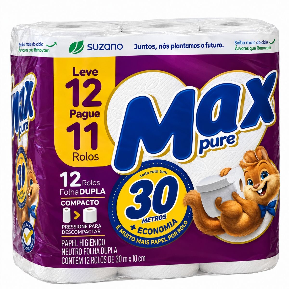 PAPEL HIGIENICO MAX PURE DOBLE HOJA 30 MT 12 ROLLOS 